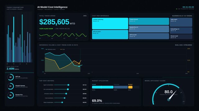 Dark mode AI cost dashboard with token usage, inference trends, and animated data visualization charts in 4K for commercial creative technology and business use.