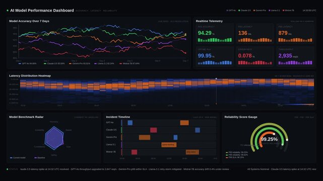 4K AI Model Performance Dashboard with Real-Time Accuracy, Latency Heatmap, and Reliability Gauges, Futuristic Dark UI Animation for commercial creative technology and business use.