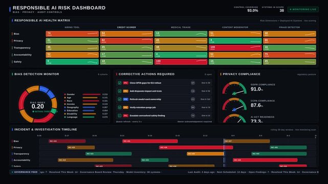 Responsible AI risk dashboard showing bias privacy audit controls with animated charts and compliance gauges in dark mode for commercial creative technology and business use.