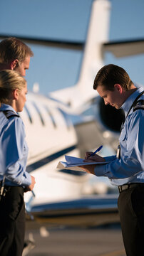 Faceless air ambulance crew checking a flight plan beside a medical jet, with copy space