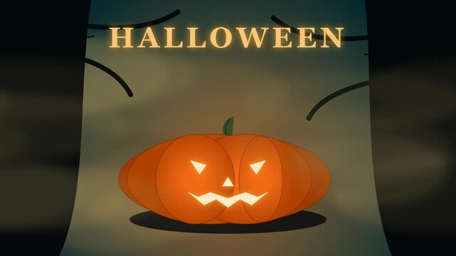 Cinematic Halloween animation featuring a pumpkin awakening in a dark forest with sequential glowing face and typography reveal.