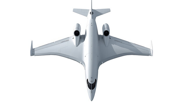 Futuristic airplane featuring advanced aerodynamic wing design and dual jet engines photographed from direct overhead top view angle in studio lighting setup on white background