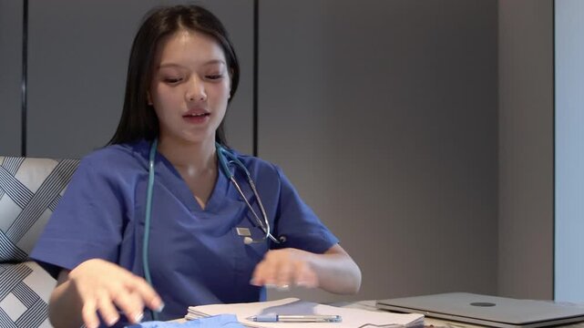 Asian female surgeon in blue scrubs talks with patient to ask about symptoms, takes a note on document clipboard in clinic before examining. Beautiful woman doctor put on rubber gloves before check-up
