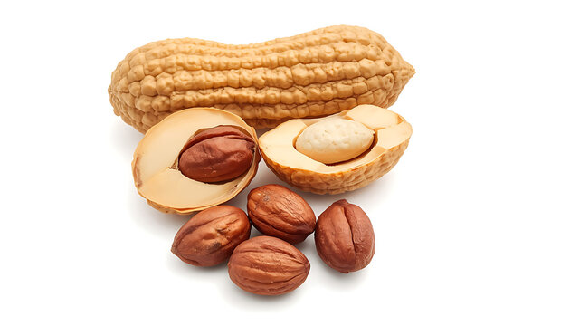 Peanut pod cracked open revealing edible seeds and kernels arranged neatly together for commercial advertising photography purposes on white background