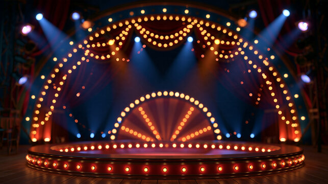 Elaborate circus stage with vibrant lighting, perfect for an exciting atmosphere, theatrical production and event promotion, with copy space