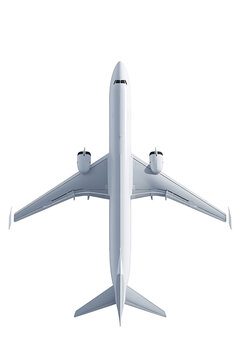 Commercial airplane flying vertically captured from top view angle with clear lighting showcasing fuselage wings and engines isolated on white background