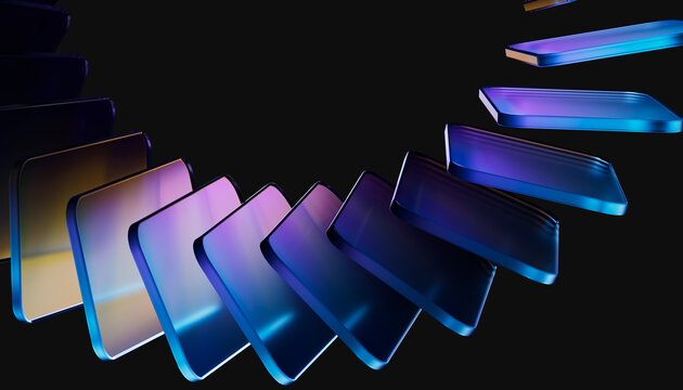 Glass panel stack on black, 3d rendering minimal tech concept for fintech app, corporate presentation, digital wallet concept and cloud computing software ui banner