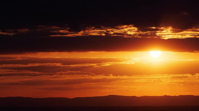 Dramatic red and deep orange sunset. A time lapse with the large glowing sun disc breaking through moving clouds. 