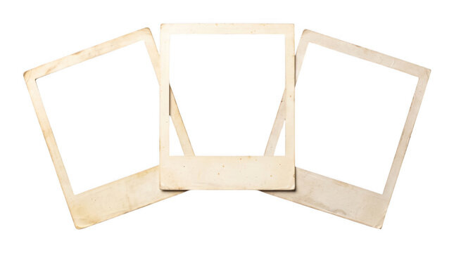 Three vintage polaroid photo frames arranged in a fan shape, isolated on transparent background