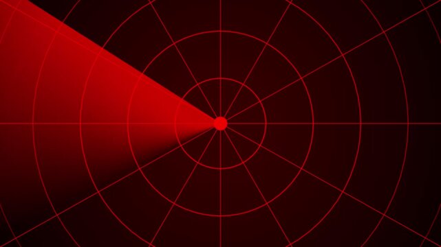 Abstract radar screen digital interface. Red scanning beam over grid display represents cybersecurity, surveillance systems, advanced digital tracking concepts. Radar screen showing scan results. 4k