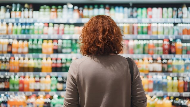 Red haired woman standing in supermarket aisle looking at shelves stocked with colorful beverage bottles during daytime shopping trip in grocery store interior