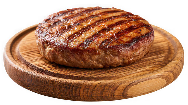 Grilled beef burger patty on a round wooden cutting board isolated on