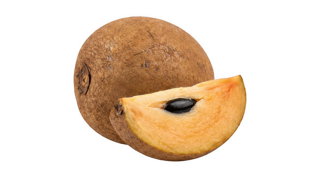 A whole and sliced sapodilla fruit on transparent background