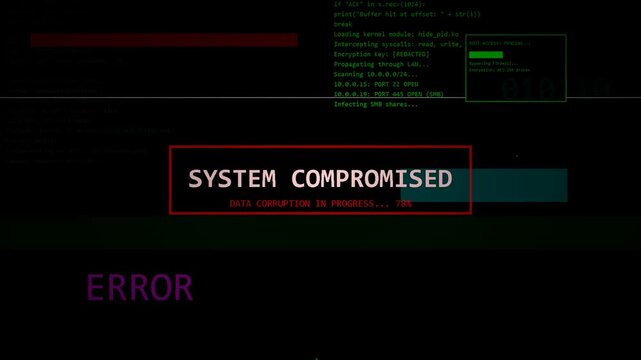Digital screen displaying system compromised warning, cybersecurity threat alert, malicious hack attempt, server vulnerability and data security breach notification