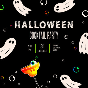 Modern Halloween cocktail party invitation with playful ghosts, colorful bubbles and a spooky drink on a black background. Ideal for flyers, posters, social media and seasonal promotions.