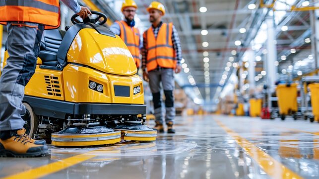 Workers in orange vests and hard hats operate a yellow floor buffer in a bright, clean industrial.