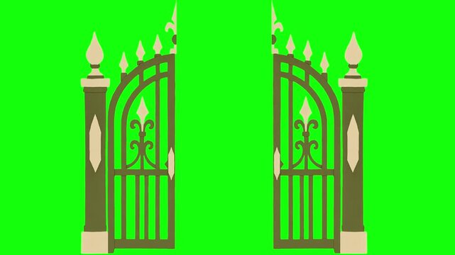 Ornate wrought iron ornamental gate closing animation green screen background video clip sequence