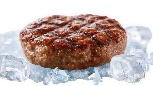 Grilled beef patty on ice cubes isolated on transparent background