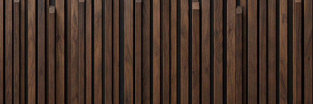 Modern dark wood slat wall texture with vertical timber battens, minimalist walnut wood paneling background for interior design, architectural wooden cladding pattern with natural brown grain