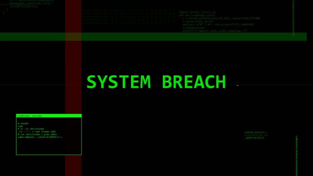 Retro green terminal screen displaying system breach alert, digital security threat, hacking warning, cyber attack simulation, programming glitch