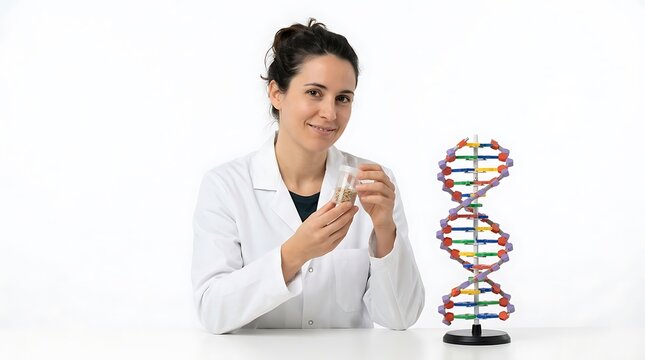 Scientist in a white lab coat holding a small container of seeds next to a colorful DNA model