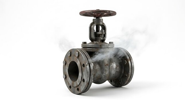 Industrial gate valve with visible steam leak isolated on a clean white studio background