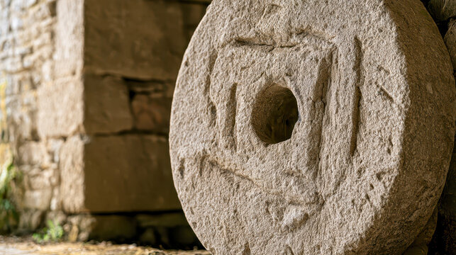 Weathered millstone against a stone wall, flour milling heritage