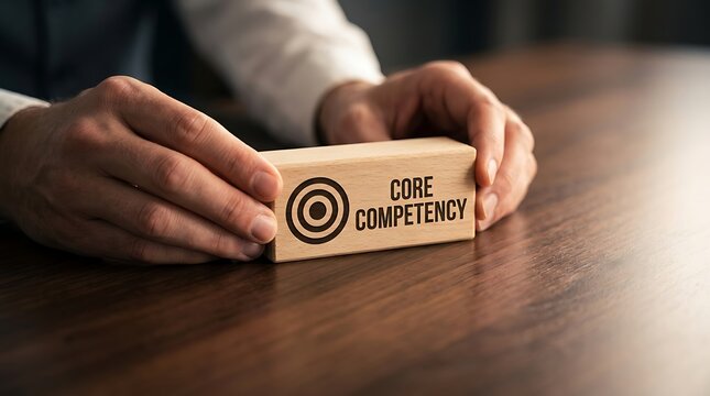 Person holding wooden block labeled core competency on table surface