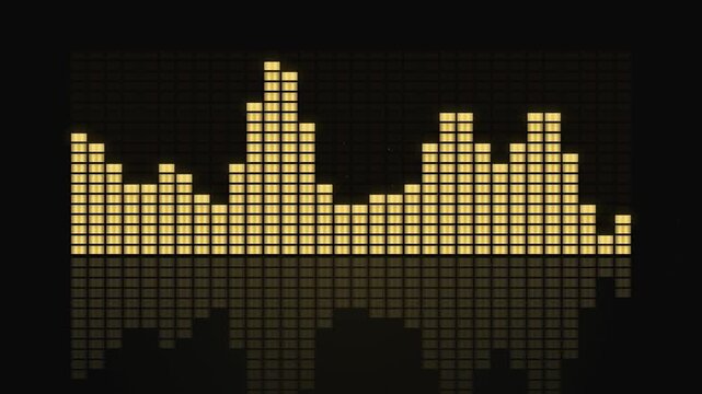 Pulsating Golden Audio Spectrogram Bars Reflecting Dynamic Sound Frequency Levels on Black Surface 4k video