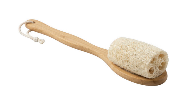 A wooden back scrubber with a loofah sponge on transparent background