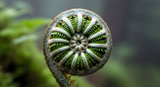Macro Shot of a Silver Fern Frond Uncurling - Natural Spiral Pattern and Fibonacci Sequence in New Zealand Forest Flora