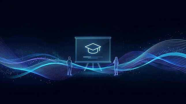 Futuristic online education banner with mortarboard icon, glowing digital learning presentation graphic, modern technology e-learning background