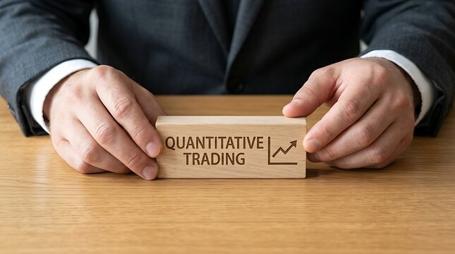 Person holding wooden block with quantitative trading concept on desk