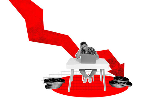 Composite sketch image design trend artwork collage of arrow down young man sit table work laptop coins money earnings savings rich wealth