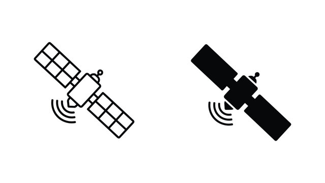 Communications satellite orbiting in space icon set in outline and solid black style for technology