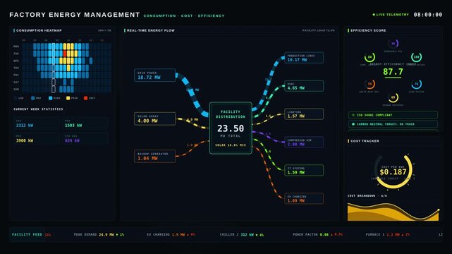 A detailed factory energy management dashboard showcasing real-time consumption cost and efficiency metrics with a sleek dark mode design and vibrant color-coded visualizations.