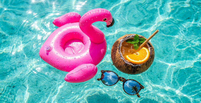 A vibrant scene featuring a pink flamingo float, a coconut drink with orange slices, and stylish sunglasses, all resting in a sparkling blue pool.