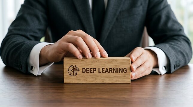 Professional holding deep learning wooden block on desk workspace