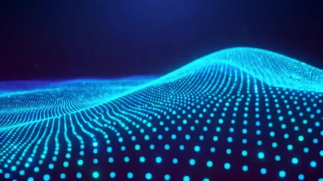 Undulating wave of glowing cyan dots forming digital surface