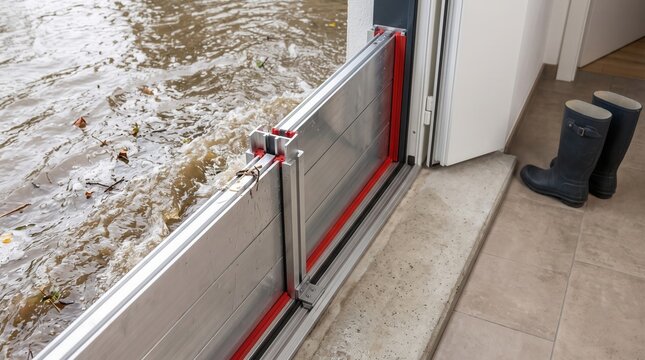 Aluminum flood barrier installed at house doorway holding back muddy water during flash flood disaster prevention and protection concept