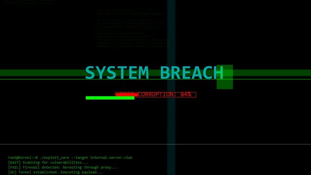 Retro digital interface displaying system breach warning with glitched text and data corruption, cyber attack simulation and network security failure