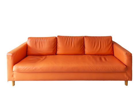 Contemporary three-seater sofa upholstered in vibrant orange faux leather, featuring clean lines, comfortable back cushions, and light wood cylindrical legs, isolated on white with clipping path