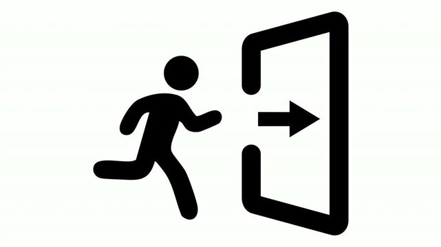 Emergency exit sign with a running figure and an arrow pointing through a doorway 4k motion graphics video animation isolated on white background 
