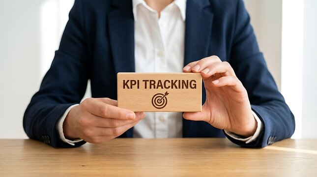 Professional holding wooden sign about key performance indicator tracking system