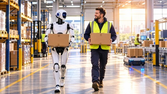 robot humanoidalny i ludzki pracownik w kamizelce odblaskowej idą alejką magazynu logistycznego obok siebie, niosąc pudełka. Robotyzacja wsp&oacute;łpracująca (coboty), przyszłość pracy