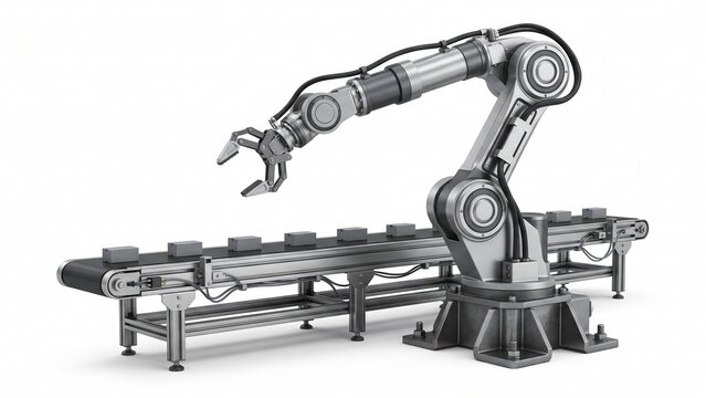 Advanced industrial robotic arm with mechanical manipulator gripper working along automatic assembly line conveyor belt on white background