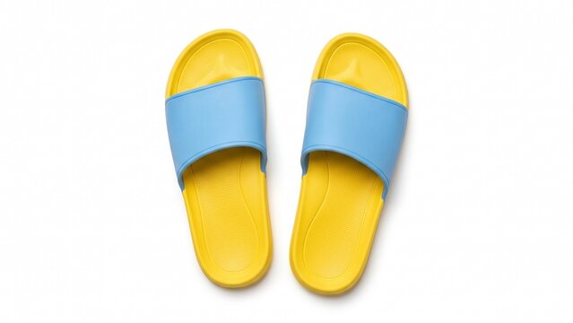 Bright yellow and blue rubber slide sandals isolated gracefully on white background