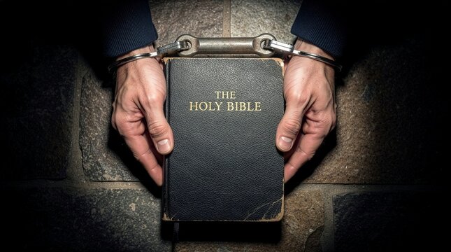 Close up of a handcuffed man holding the Holy Bible while sitting on a dark stone floor, representing themes of religious freedom, faith in prison, and spiritual justice.