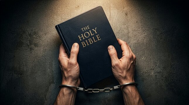 Top view of handcuffed hands holding the Holy Bible on a dark concrete ground, representing themes of christian faith in prison, religious freedom, and spiritual justice.
