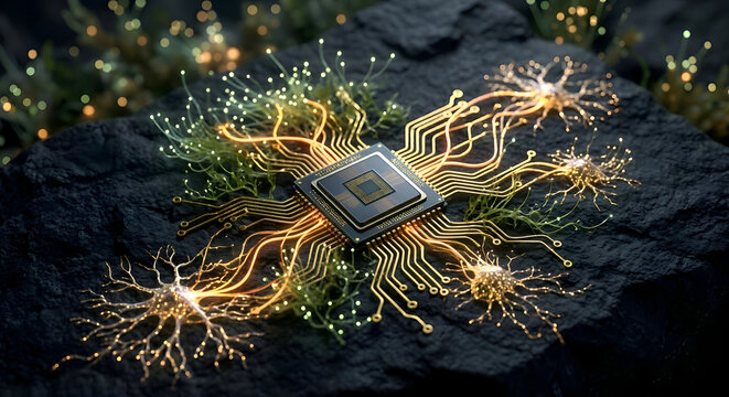 A high-tech computer microchip positioned at the center of a dark, textured rock surface. Glowing, intricate neural networks resembling biological brain cells and vibrant green fiber-optic strands spr